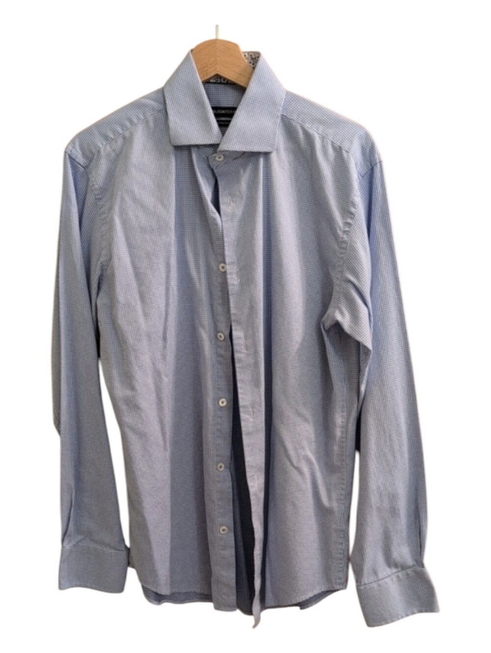 Bugatchi Fine Cotton Blue And White Check Long Sleeve Dress Shirt Size 15.5 39